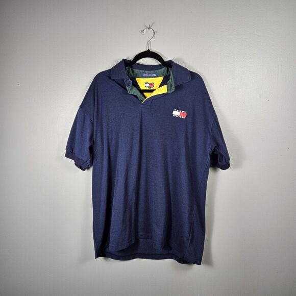 Vintage Tommy Hilfiger Knit Polo Shirt Mens XXL Blue Flag Preppy Golf Rugby Y2k - Picture 1 of 6